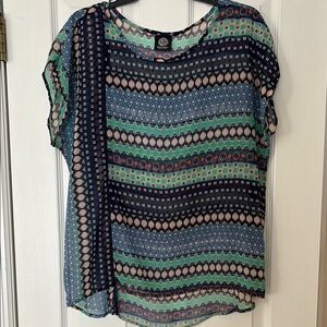 Bobeau Blue and Green Flutter Sleeve Blouse